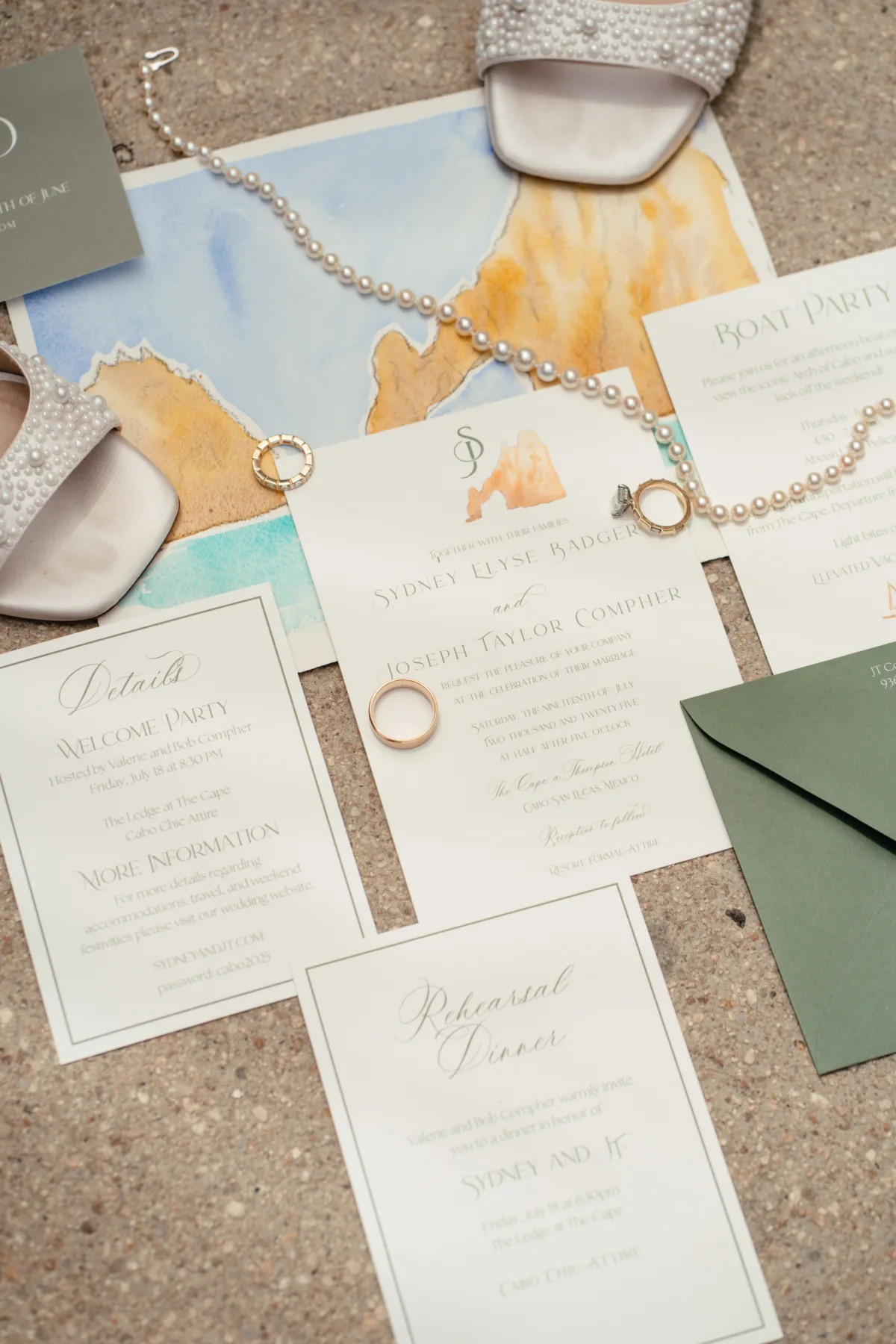 cabo destination wedding planning engaging events by ali cotton and bow invitations - Luxury Cabo Wedding at The Cape, a Thompson Hotel Luxury destination wedding invitation suite by Cotton and Bow with watercolor details, pearl necklace and wedding rings at The Cape Thompson Hotel in Cabo San Lucas planned by Engaging Events by Ali