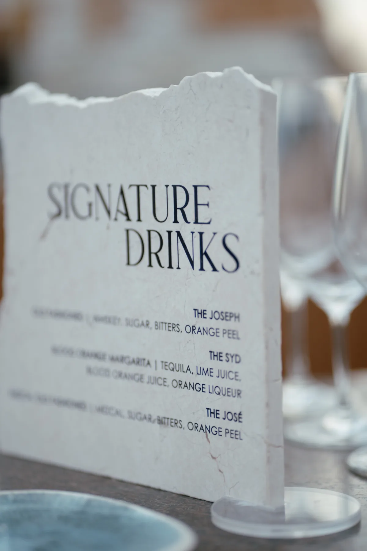 luxury cabo wedding signature drinks menu cotton and bow invitations - Luxury Cabo Wedding at The Cape, a Thompson Hotel Elegant signature drinks menu by Cotton and Bow for luxury destination wedding at The Cape Thompson Hotel in Cabo San Lucas featuring The Joseph, The Syd, and The Jose cocktails