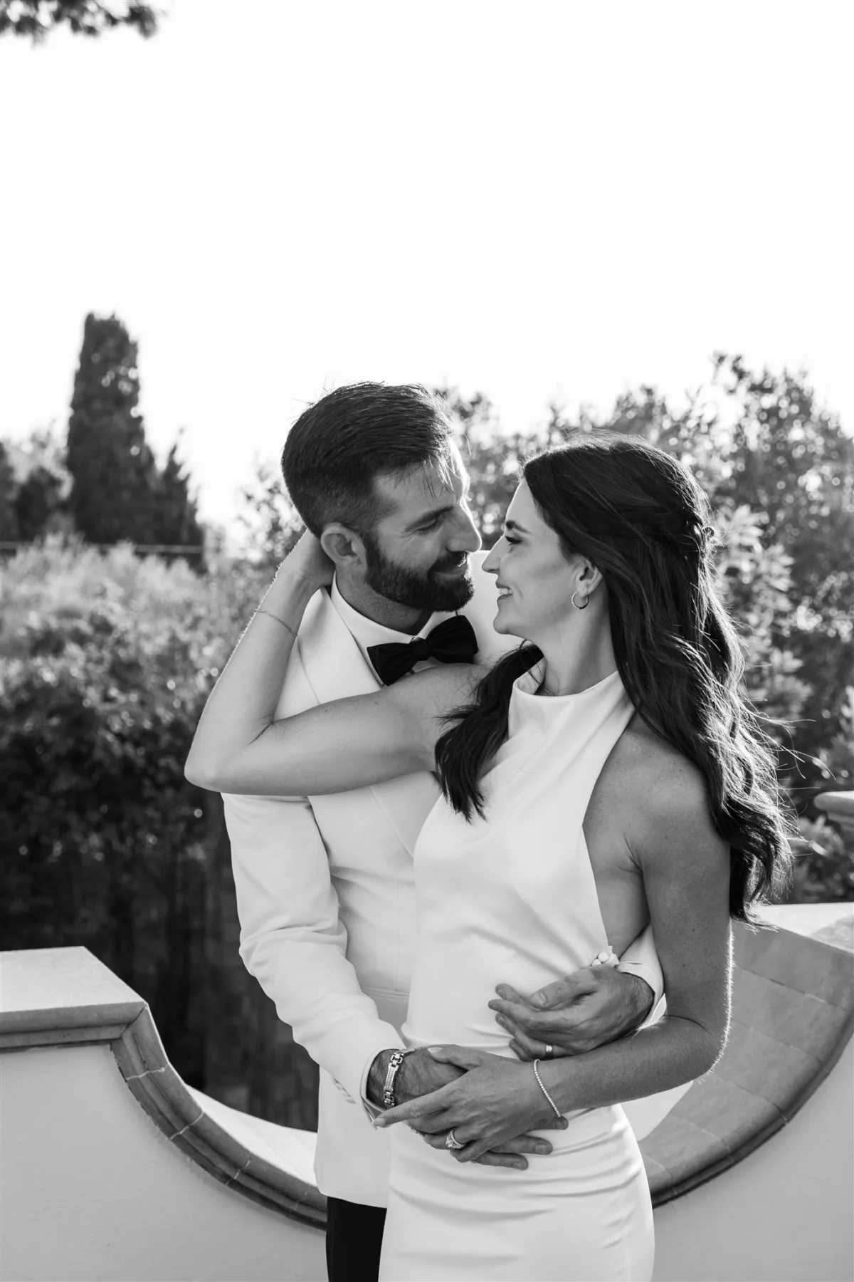 amalfi coast wedding planning engaging events by ali capo santa fortunata 1 - An Effortless Amalfi Coast Celebration Romantic black and white portrait of bride and groom embracing at Capo Santa Fortunata in Amalfi Coast Italy, planned by Engaging Events by Ali and photographed by Vincent Aiello